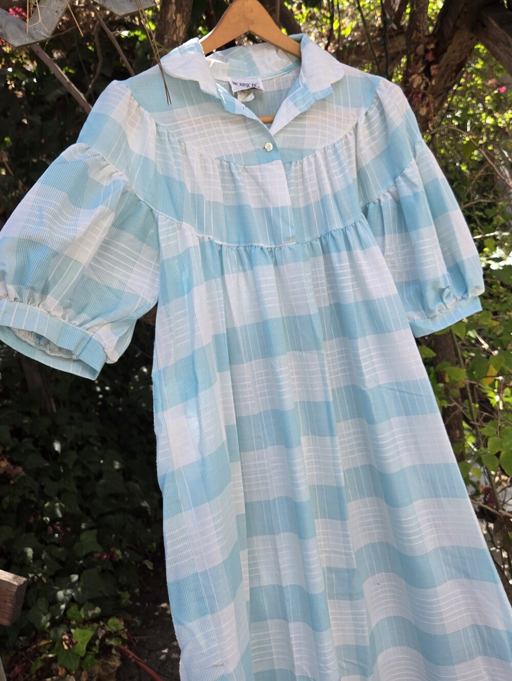 Vintage 80s Puff Sleeve Checked House Dress M L